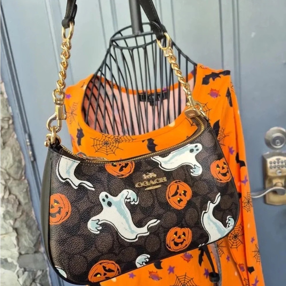Coach Black Shoulder Bag with White Ghosts and Orange Pumpkins